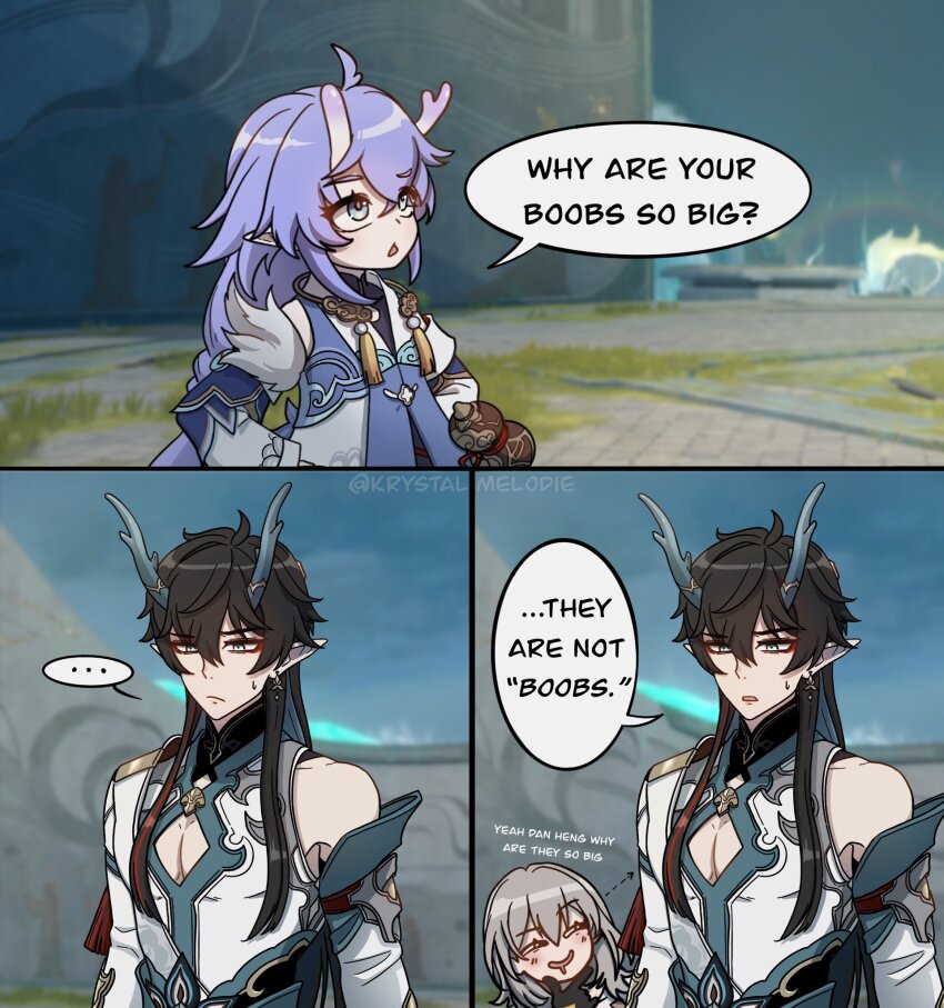 ..., 1boy, 2girls, arrow_(symbol), asymmetrical_sleeves, bailu_(honkai:_star_rail), black_hair, blurry