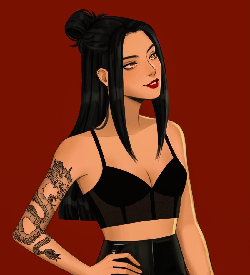 1girl, arm_tattoo, avatar:_the_last_airbender, avatar_legends, azula, black_hair, bra, commentary, english_commentary, gittanart, half_updo, hand_on_own_hip, highres, long_hair, looking_up, red_background, red_lips, sidelocks, simple_background, smile, solo, tattoo, underwear, upper_body