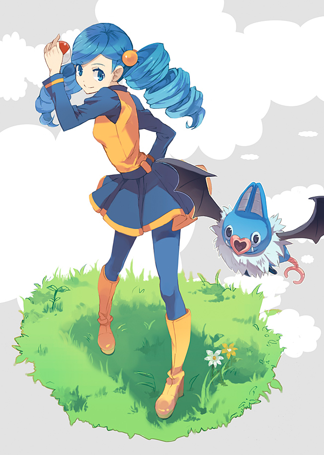 10s, 1girl, ace_trainer_(female)_(pokemon_bw), ace_trainer_(pokemon), blue_eyes, blue_hair, blue_pantyhose, boots