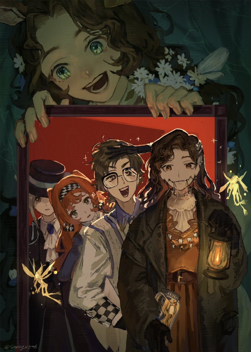 1boy, 4girls, :d, animal_ears, ascot, behind_another, black_coat, black_gloves, black_headwear, boater_hat, braces, brown_eyes, brown_hair, checkered_hairband, coat, deer_ears, deer_girl, dress, fairy, flower, furrowed_brow, glasses, gloves, green_background, green_eyes, grey_coat, grey_eyes, grey_hair, grey_vest, hair_flower, hair_ornament, hairband, hand_on_own_head, hands_up, head_tilt, highres, holding, holding_jar, holding_lantern, holding_picture_frame, horropedia, jar, jessica_(reverse:1999), lantern, long_hair, looking_at_another, looking_at_viewer, looking_down, multiple_girls, open_mouth, orange_hair, picture_frame, red_dress, reverse:1999, sanngo096, shirt, short_hair, smile, sonetto_(reverse:1999), teeth, tooth_fairy_(reverse:1999), upper_body, vertin_(reverse:1999), vest, white_ascot, white_shirt