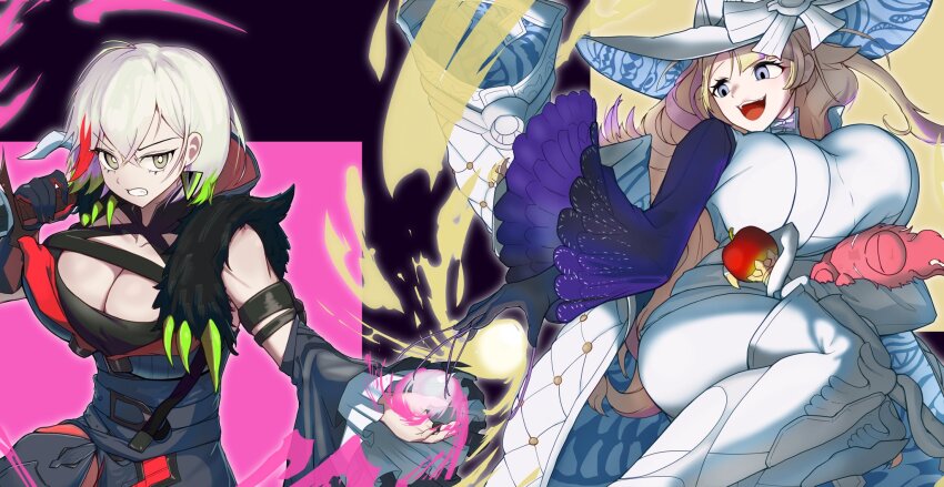 2girls, animal, apple, black_gloves, blue_eyes, breasts, cleavage, clenched_teeth