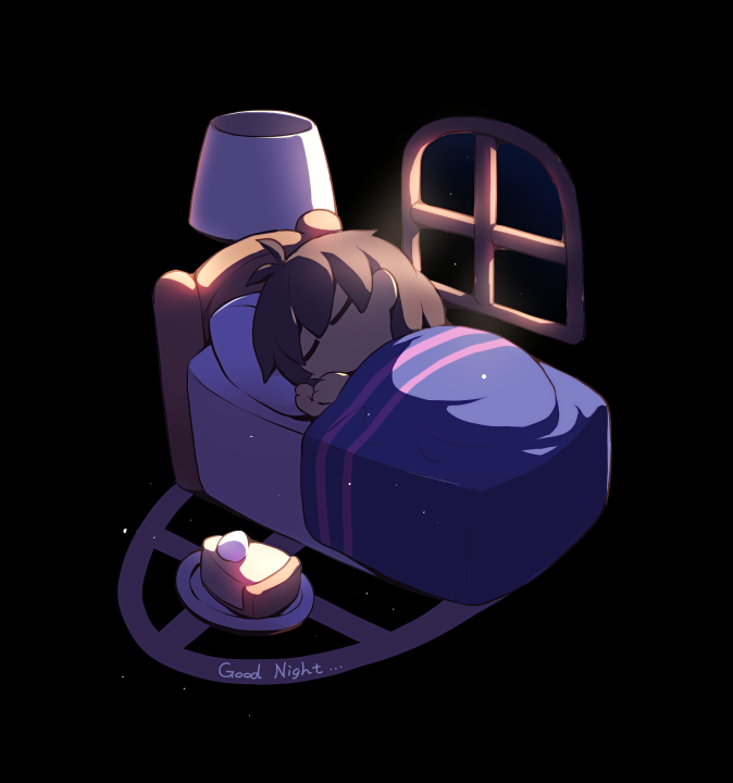 1other, antenna_hair, bed, black_background, blanket, brown_hair, cake, cake_slice