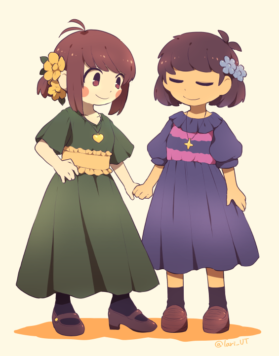 2girls, adapted_costume, alternate_hairstyle, antenna_hair, artist_name, black_pantyhose, black_socks, blue_flower, brown_eyes, brown_footwear, brown_hair, chara_(undertale), closed_eyes, closed_mouth, collarbone, colored_skin, commentary, dress, english_commentary, flower, frills, frisk_(undertale), full_body, genderswap, genderswap_(otf), green_dress, hair_flower, hair_ornament, hand_on_own_hip, heart, heart_necklace, holding, holding_hands, jewelry, lari-lab, leaf, leaf_hair_ornament, looking_at_another, multiple_girls, necklace, pantyhose, ponytail, puffy_short_sleeves, puffy_sleeves, purple_dress, shadow, shoes, short_hair, short_ponytail, short_sleeves, sidelocks, simple_background, single_stripe, smile, socks, standing, star_(symbol), star_necklace, striped_clothes, striped_dress, undertale, utdr_(toby_fox), white_background, yellow_flower, yellow_skin