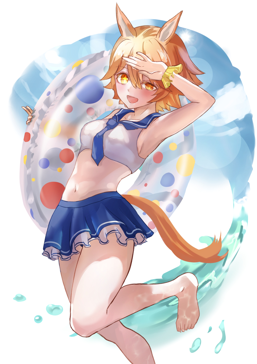 +_+, 1girl, absurdres, alternate_costume, animal_ears, arm_up, armpits, barefoot, bikini, bikini_skirt, blue_necktie, blue_sailor_collar, blue_skirt, blue_sky, blush, breasts, commentary_request, feet, flipped_hair, hair_between_eyes, highres, holding, holding_swim_ring, horse_ears, horse_girl, horse_tail, innertube, looking_at_viewer, matikanefukukitaru_(umamusume), medium_breasts, midriff, navel, necktie, nikotomiko025, ocean, open_mouth, orange_hair, outdoors, sailor_collar, scrunchie, shirt, short_hair, skirt, sky, sleeveless, sleeveless_shirt, smile, solo, standing, standing_on_one_leg, swim_ring, swimsuit, tail, umamusume, water, wet, wrist_scrunchie, yellow_scrunchie