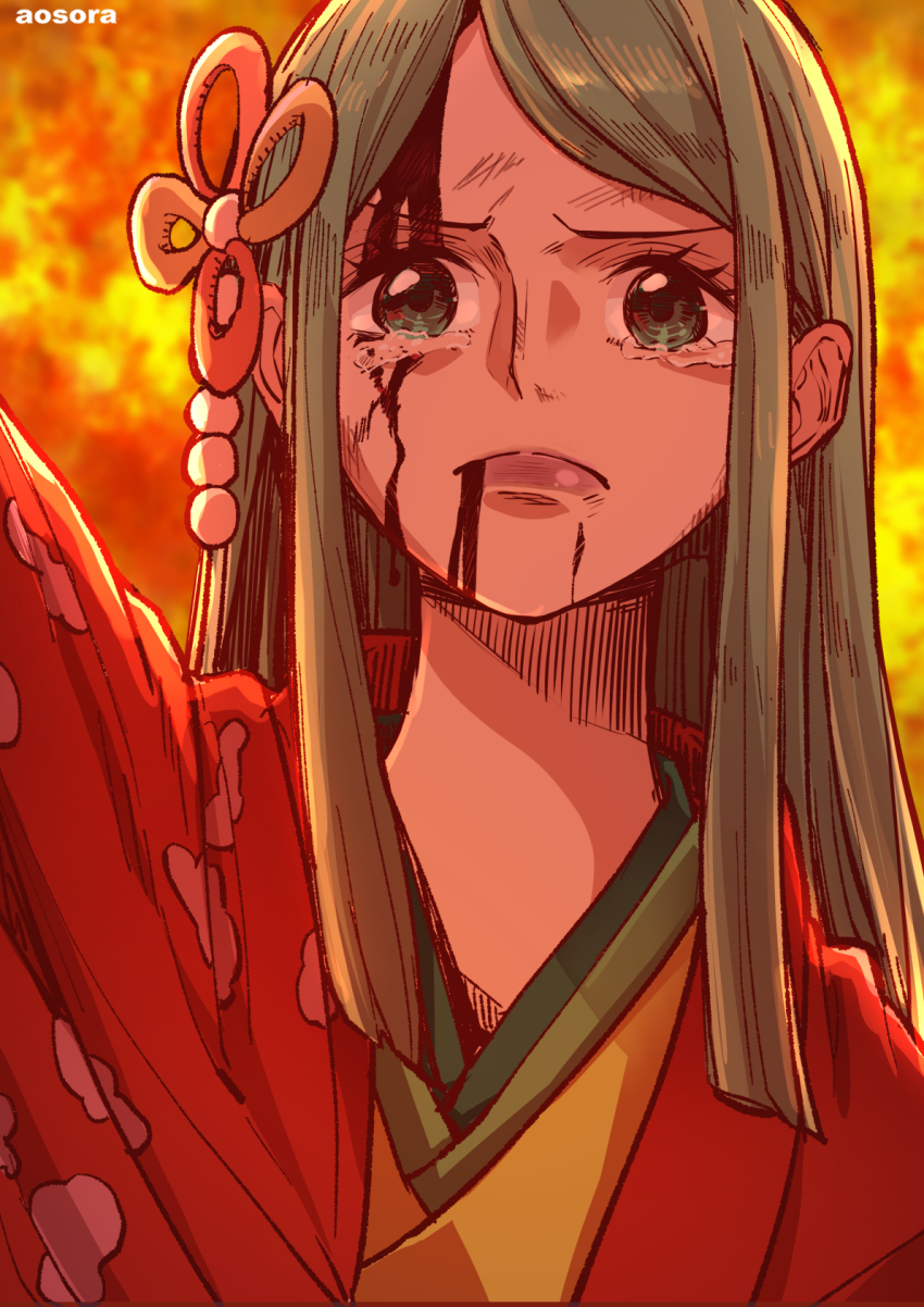 1girl, aosora2823, artist_name, blood_from_forehead, blood, commentary_request, eyelashes, fire, frown, green_eyes, green_hair, highres, japanese_clothes, kimono, kouzuki_toki, long_hair, one_piece, parted_bangs, pink_lips, solo, spoilers, tears, upper_body, v-shaped_eyebrows