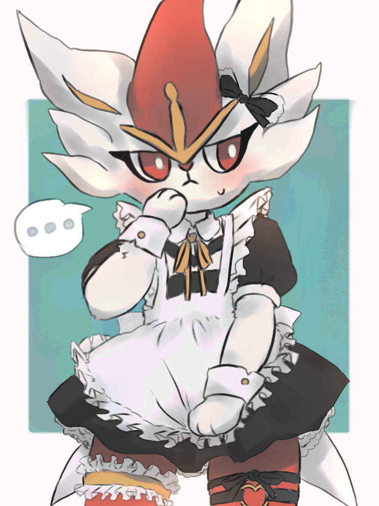 ..., 1girl, :<, animal_hands, animal_nose, apron, apron_tug, averting_eyes