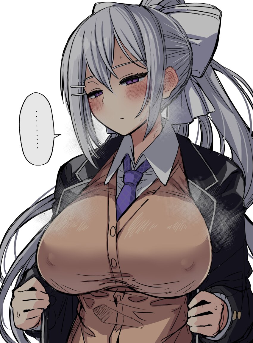 1girl, absurdres, black_jacket, blazer, blush, bow, breasts, breath, brown_cardigan, cardigan, cardigan_vest, collared_shirt, covered_erect_nipples, dress_shirt, ear_blush, grey_bow, grey_hair, hair_bow, hair_ornament, hairclip, half-closed_eyes, highres, higuchi_kaede, higuchi_kaede_(1st_costume), jacket, large_breasts, long_hair, long_sleeves, mole, mole_under_eye, necktie, nijisanji, open_clothes, open_jacket, ponytail, purple_eyes, purple_necktie, school_uniform, shirt, simple_background, solo, sweatdrop, tanakara, torogao, upper_body, very_long_hair, virtual_youtuber, white_background, white_shirt, wing_collar