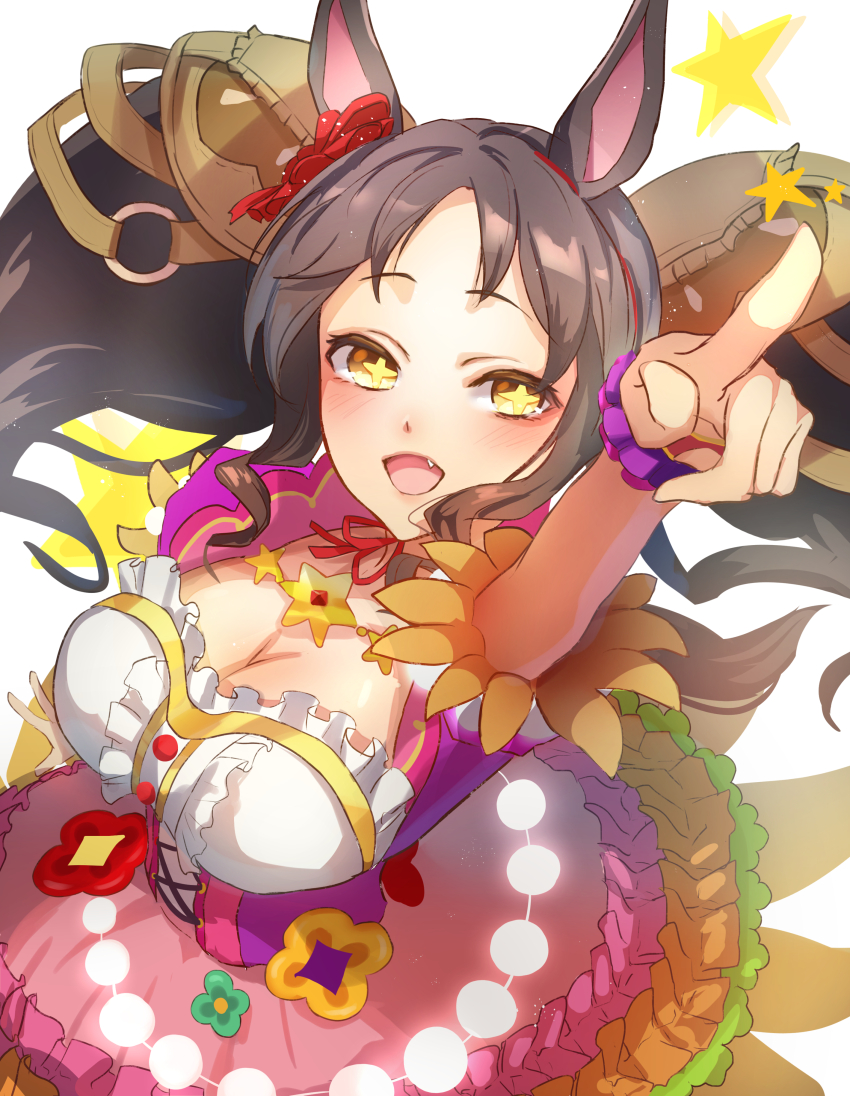 +_+, 1girl, :d, absurdres, animal_ears, black_hair, blush, breasts