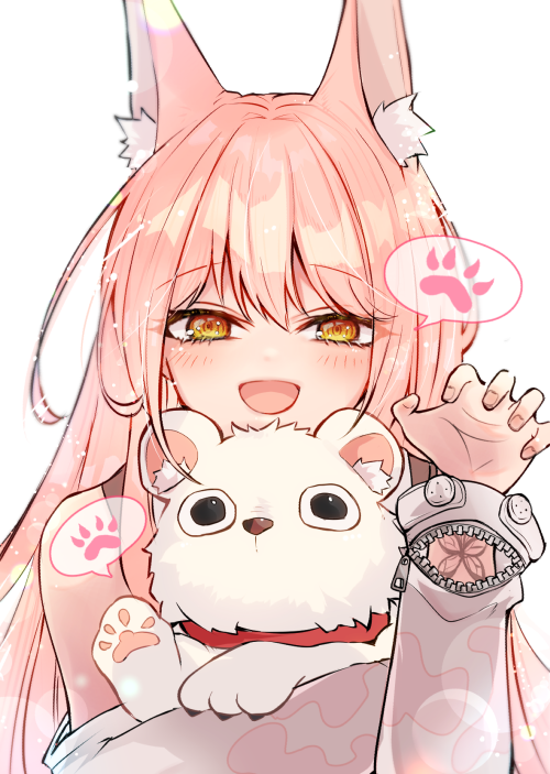 1girl, :d, animal, animal_ear_fluff, animal_ears, bare_shoulders, blush, butterfly_tattoo