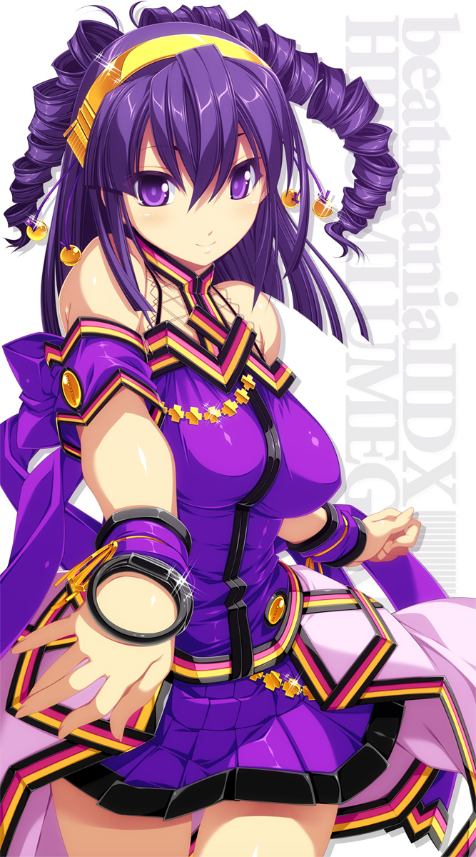 1girl, armband, bare_shoulders, beatmania_iidx, beatmania_iidx_14_gold, bell, bemani, blush