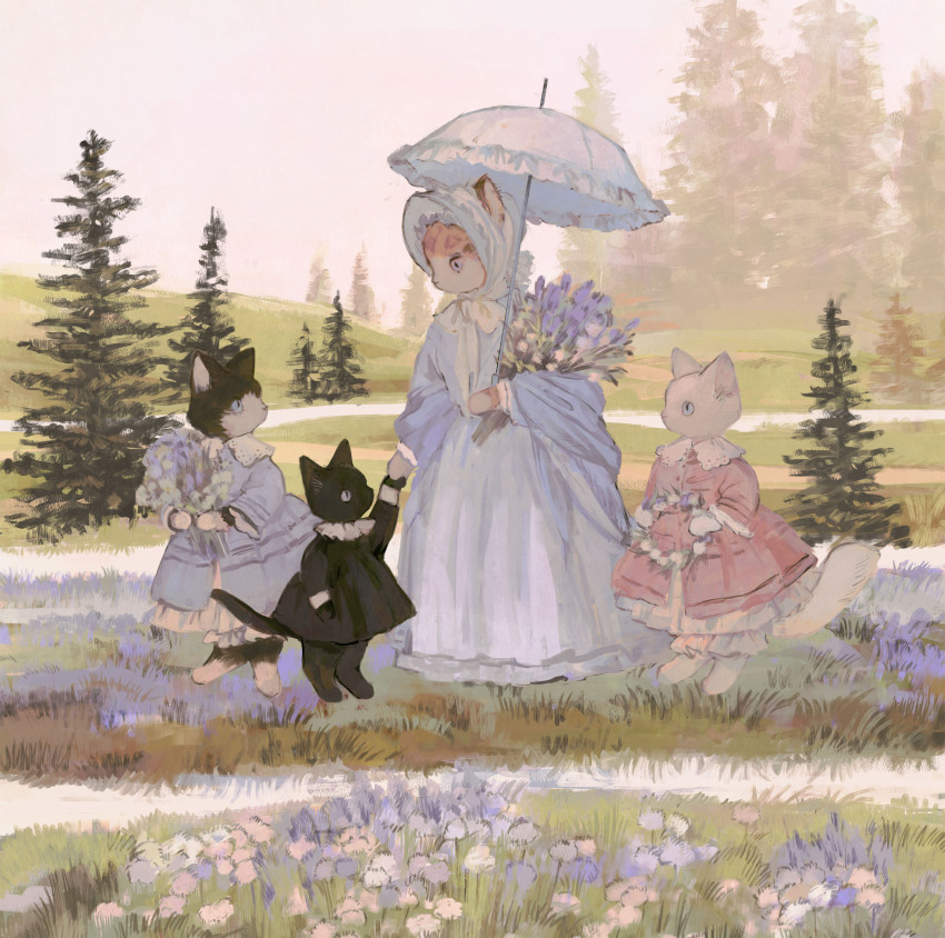 1other, 3girls, animal, animal_focus, barefoot, black_cat, black_dress, blue_bonnet