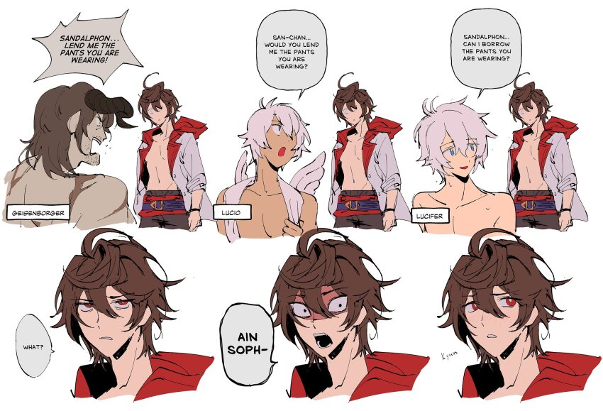 4boys, ahoge, angel_wings, angry, averting_eyes, back, belt, black_shorts