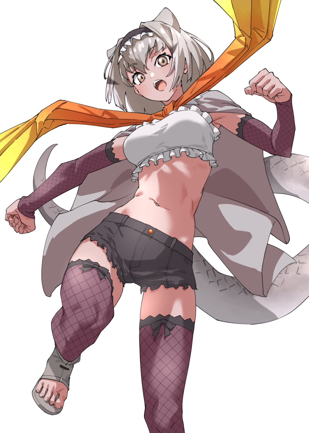 1girl, bow, bowtie, cape, commentary, crop_top, cutoffs, detached_sleeves