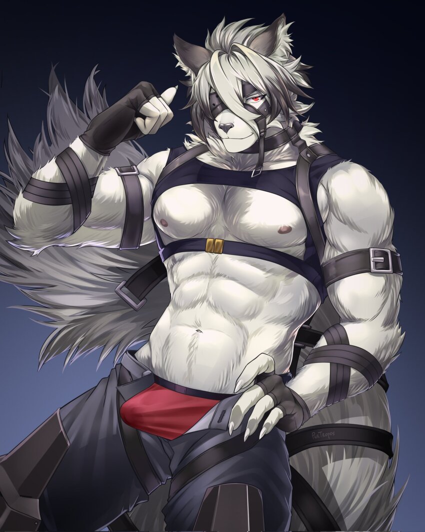 1boy, abs, animal_ears, artist_name, bara, black_gloves, bulge, chest_harness, claws, commentary, english_commentary, erection, erection_under_clothes, eyepatch, fingerless_gloves, furry, furry_male, gloves, hand_on_own_hip, harness, highres, looking_at_viewer, male_focus, male_underwear, muscular, muscular_male, one_eye_covered, pectorals, red_eyes, red_male_underwear, tail, tropos_(purtropos), underwear, unzipped, von_lycaon, wolf_boy, wolf_ears, wolf_tail, zenless_zone_zero
