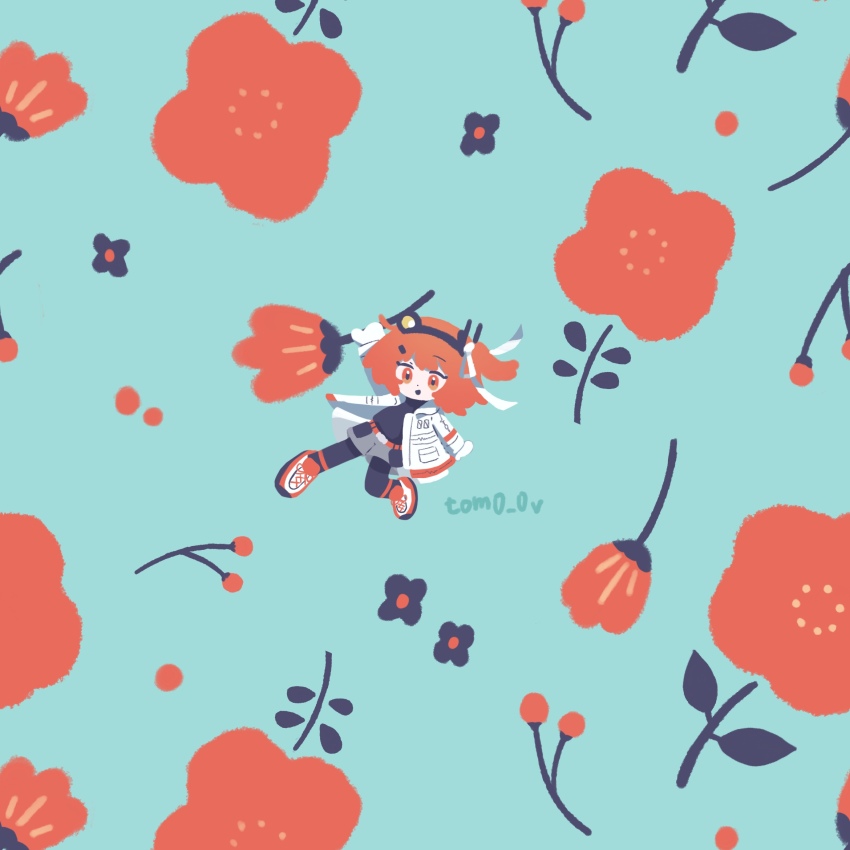 1girl, a.i._voice, adachi_rei, arm_up, black_pantyhose, black_shirt, blue_background, chibi