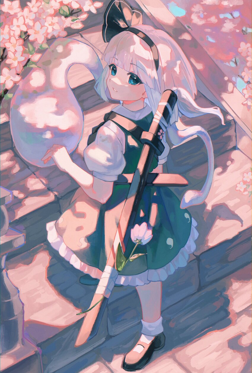 1girl, absurdres, bandoleer, black_footwear, black_hairband, black_ribbon, blue_eyes, bokken, cherry_blossoms, cindy717, green_skirt, green_vest, grey_hair, hair_ribbon, hairband, highres, hitodama, katana, konpaku_youmu, konpaku_youmu_(ghost), open_mouth, pleated_skirt, ribbon, short_hair, skirt, socks, solo, stairs, sword, touhou, vest, weapon, white_socks, wooden_sword