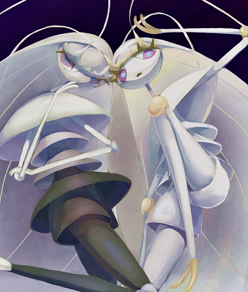 2girls, alternate_color, animal_feet, animal_hands, antennae, arm_at_side, arm_up, arthropod_girl, big_hair, black_skin, blue_pupils, butter_(oshi8kyoumoh), closed_mouth, colored_skin, dot_mouth, female_focus, furry, furry_female, gen_7_pokemon, hand_to_own_mouth, hand_up, hand_on_own_arm, joints, leg_up, legs, long_hair, long_legs, looking_to_the_side, multicolored_skin, multiple_girls, nintendo, open_mouth, pheromosa, pokemon, pokemon_(creature), purple_eyes, shiny_and_normal, shiny_pokemon, standing, standing_on_one_leg, thighs, two-tone_skin, ultra_beast, very_long_hair, white_hair, white_skin