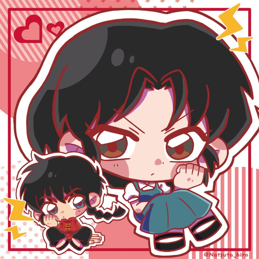 1boy, 1girl, black_footwear, blue_eyes, blush_stickers, chibi, fuurinkan_high_school_uniform, highres