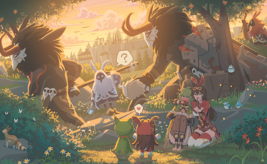 2girls, ?, @_@, abyss_mage_(genshin_impact), amber_(genshin_impact), asymmetrical_legwear, baron_bunny_(genshin_impact), bird