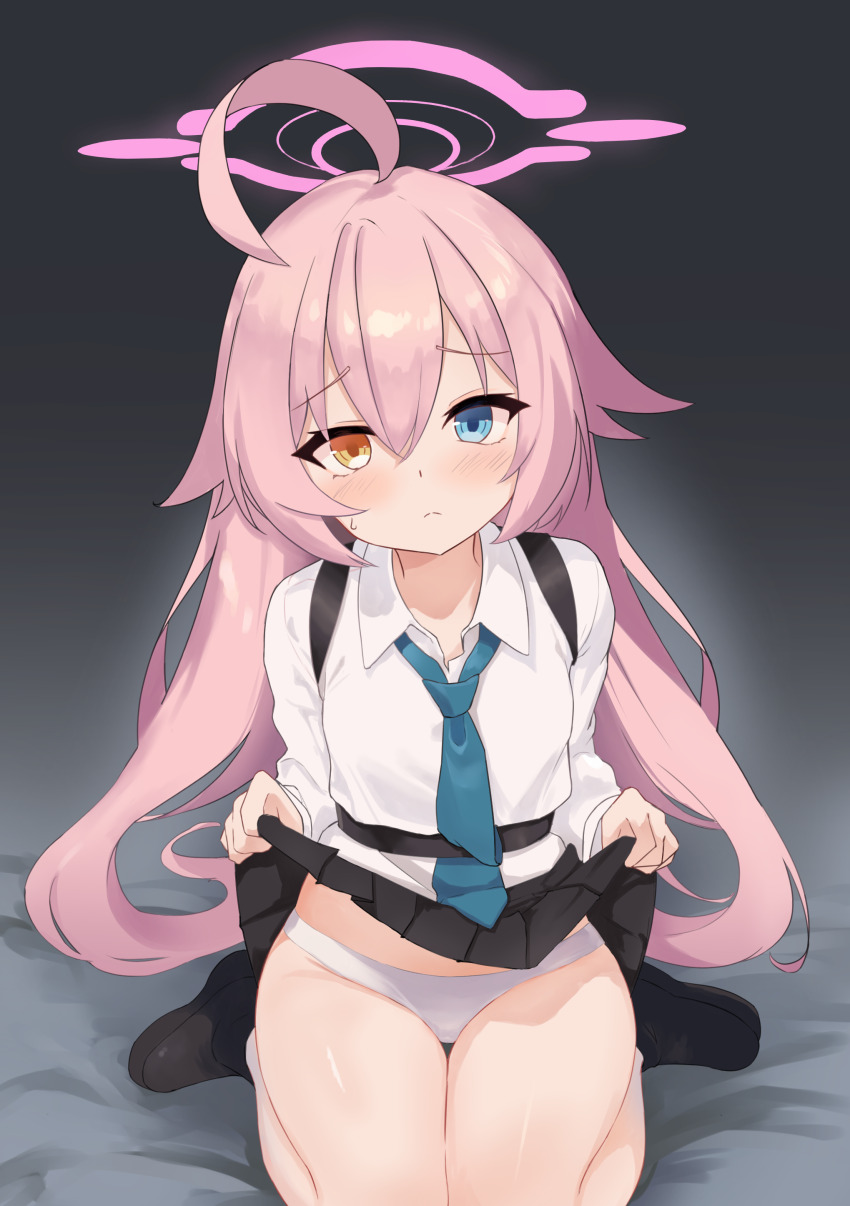 1girl, absurdres, ahoge, bed_sheet, blue_archive, blue_necktie, blush, clothes_lift