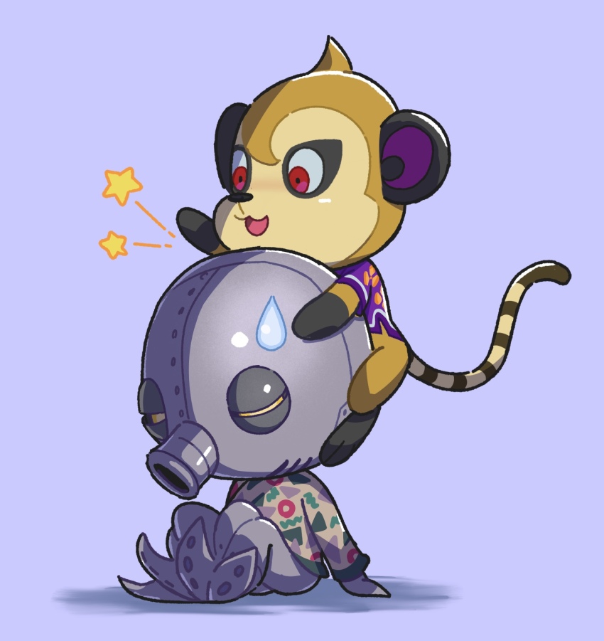 1boy, 1girl, :d, animal_crossing, cephalobot_(animal_crossing), commentary_request, floral_print, furry, furry_female, half-closed_eyes, highres, kopa_nishikida, long_sleeves, monkey_girl, nintendo, on_head, open_mouth, print_shirt, purple_background, purple_shirt, red_eyes, shirt, short_sleeves, simple_background, sitting, smile, star_(symbol), sweatdrop, tammi_(animal_crossing), white_shirt, yellow_eyes