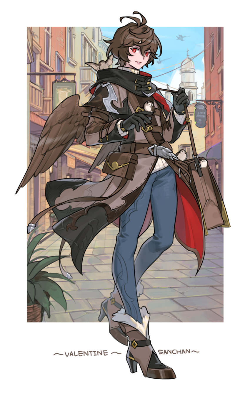 1boy, ahoge, bag, bird, bishounen, boots, brown_coat, brown_feathers, brown_footwear, brown_hair, building, coat, commentary, denim, english_text, feathers, full_body, fur-trimmed_boots, fur_trim, granblue_fantasy, hair_between_eyes, high_heel_boots, high_heels, highres, jeans, looking_at_viewer, male_focus, messy_hair, official_alternate_costume, pants, red_eyes, ribbed_sweater, sandalphon_(granblue_fantasy), sandalphon_(valentine)_(granblue_fantasy), scenery, short_hair, shoulder_bag, smile, solo_focus, sweater, tekki_(tki), turtleneck