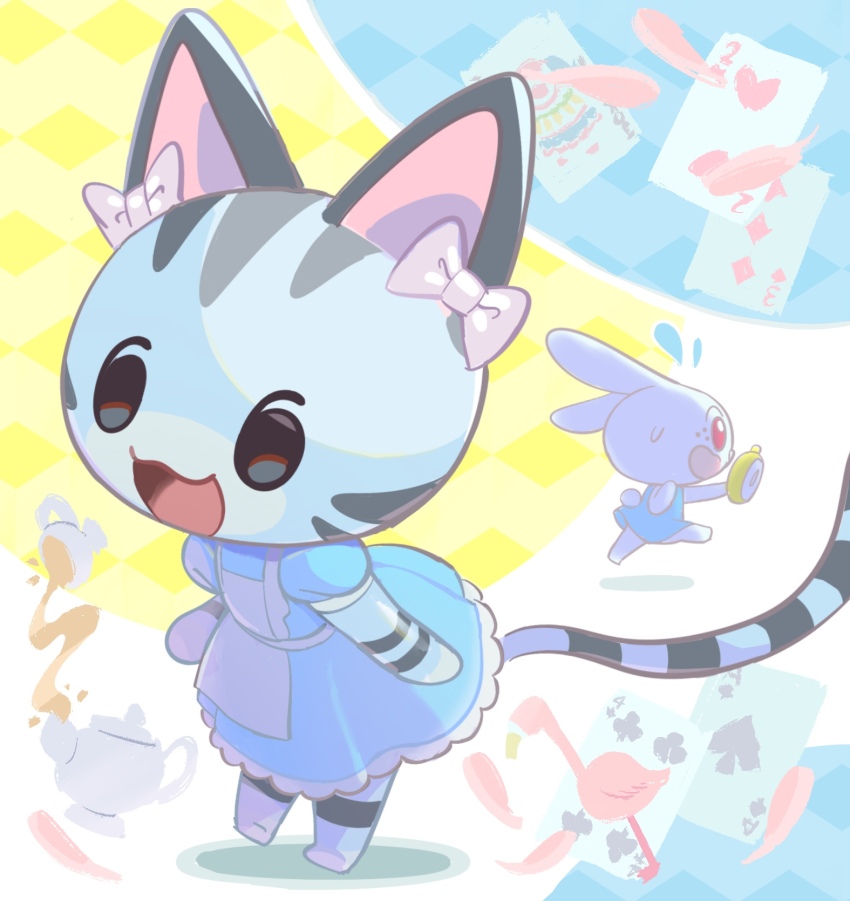 2girls, :d, ace_(playing_card), ace_of_spades, alice_(alice_in_wonderland), alice_(alice_in_wonderland)_(cosplay), alice's_adventures_in_wonderland, animal_crossing