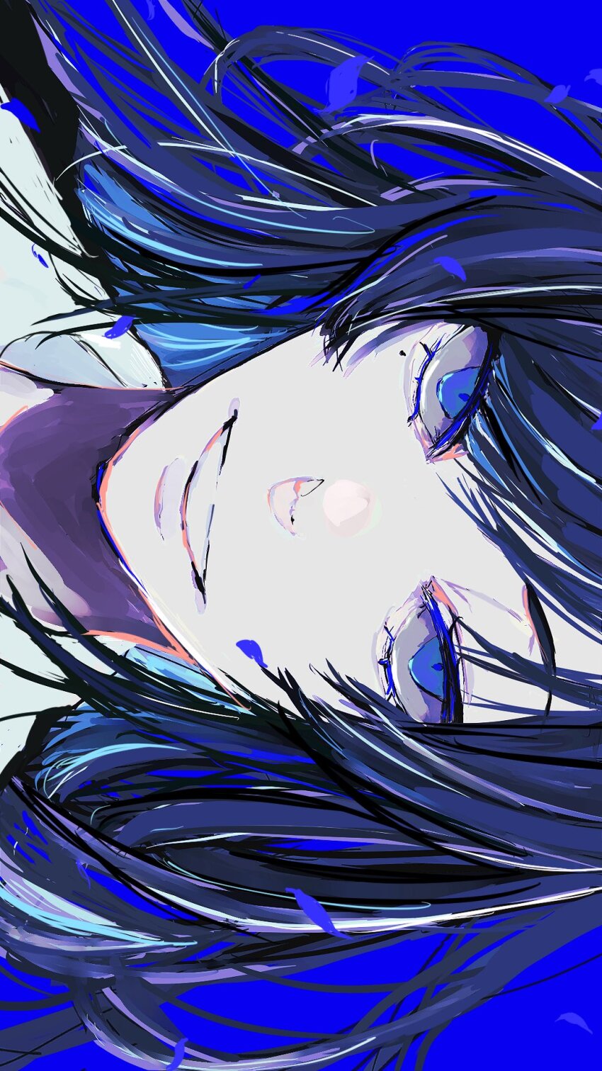 1girl, ado_(utaite), blue_background, blue_eyes, blue_hair, chando_(ado), clenched_teeth, cloud_nine_inc, commentary, hariiiiito10, highres, long_hair, looking_at_viewer, mole, mole_under_eye, portrait, sideways, simple_background, solo, teeth, utaite