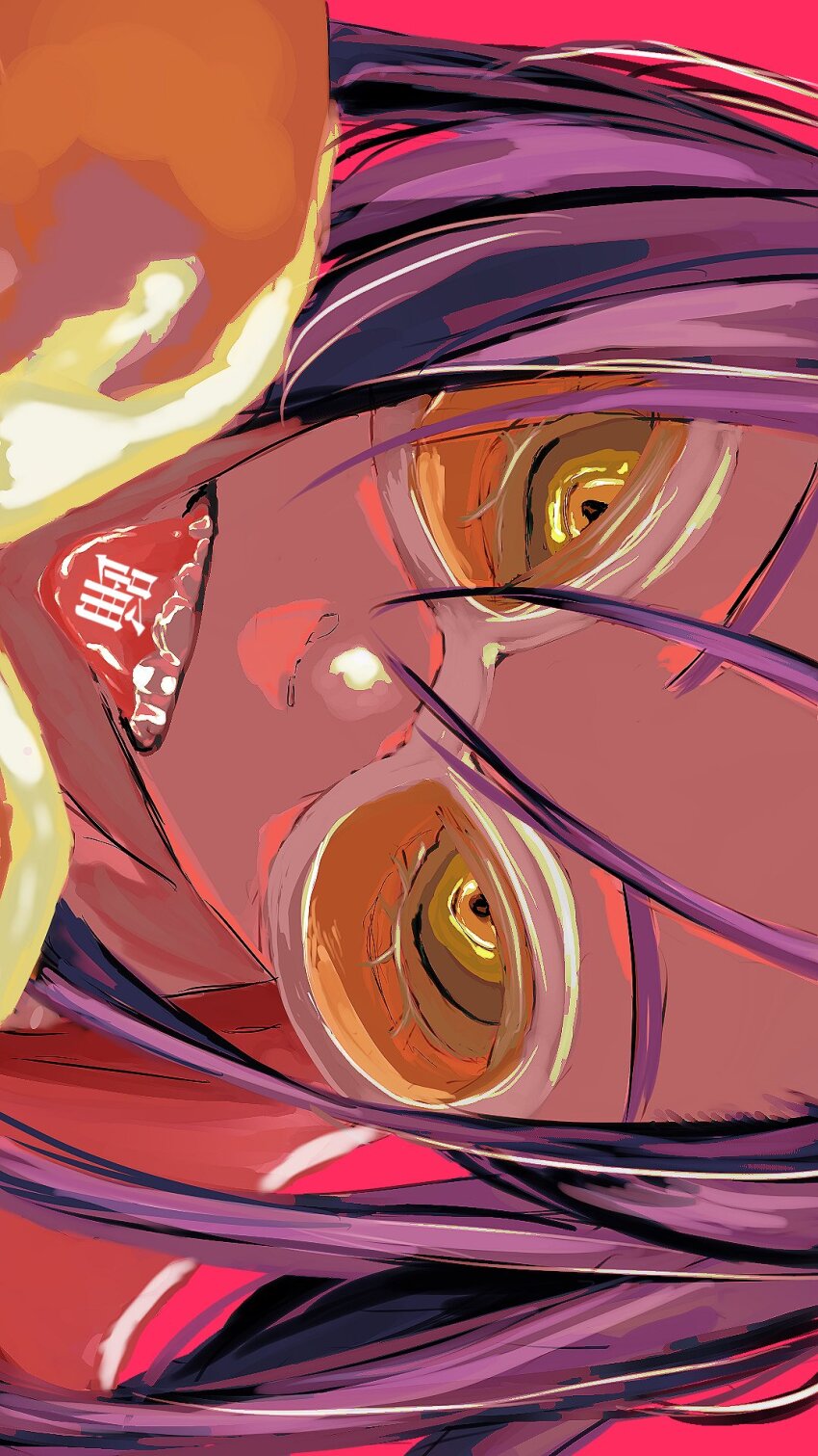 1girl, ado_(utaite), cloud_nine_inc, commentary_request, hair_between_eyes, hariiiiito10, highres, long_hair, odo_(song), open_mouth, pink_background, purple_hair, sideways, solo, song_name, teeth, tinted_eyewear, tongue, tongue_out, translated, twintails, yellow-tinted_eyewear