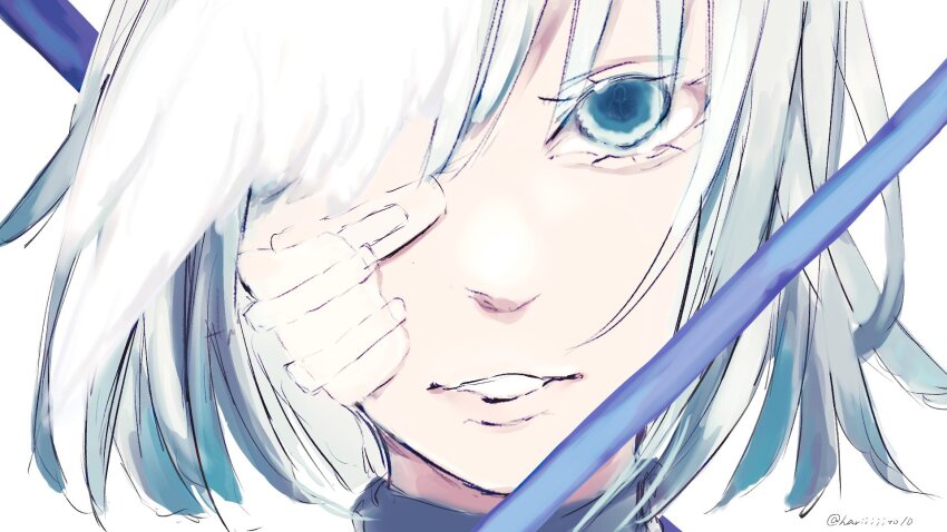 1girl, ado_(utaite), akuru-chan_(ado), bandaid, bandaid_on_face, blue_eyes, close-up, commentary