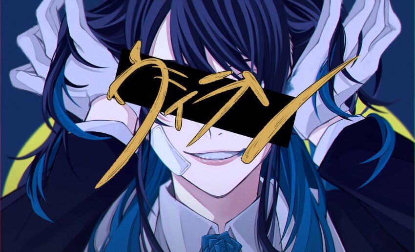 1girl, ado_(utaite), bandaid, bandaid_on_face, bar_censor, black_coat, blue_background, blue_flower