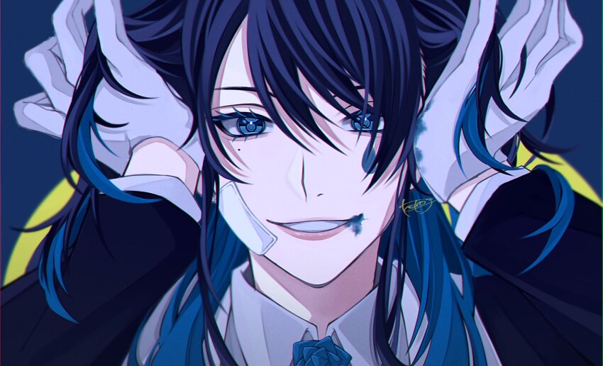 1girl, ado_(utaite), bandaid, bandaid_on_face, black_coat, blue_background, blue_eyes, blue_flower