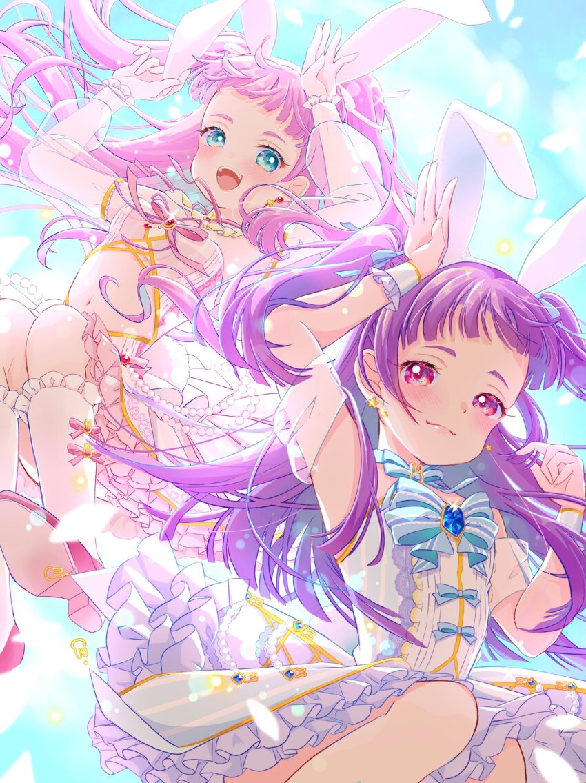 2girls, alternate_hairstyle, animal_ears, arms_up, blue_bow, blue_bowtie, blue_eyes, blue_sky