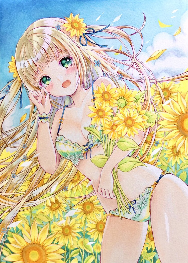 1girl, blue_ribbon, blue_sky, bow, bow_bra, bow_panties, bra, breasts