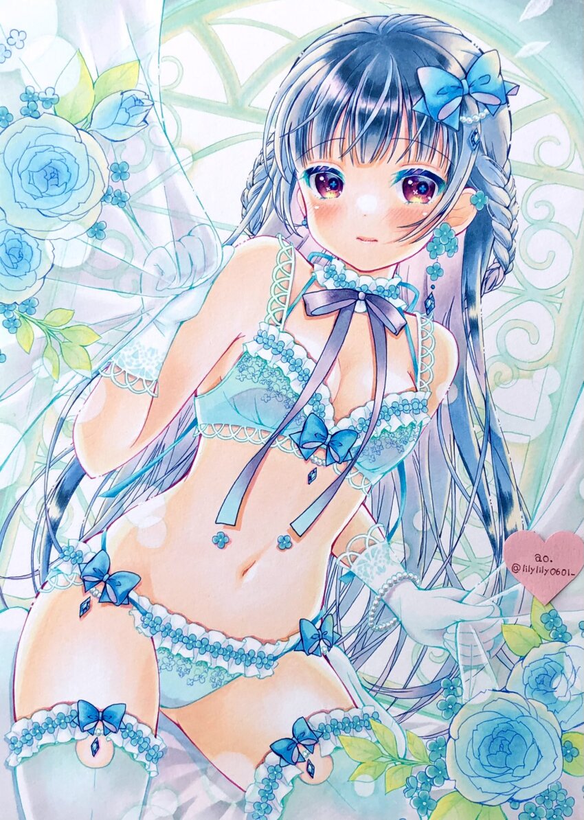 1girl, aqua_bra, aqua_flower, aqua_gloves, aqua_panties, aqua_rose, aqua_theme, aqua_thighhighs, artist_name, blue_bow, blue_hair, bow, bow_bra, bow_legwear, bow_panties, bra, bracelet, braid, breasts, brown_eyes, choker, closed_mouth, commentary_request, cowboy_shot, curtains, earrings, flower, flower_earrings, frilled_bra, frilled_choker, frilled_panties, frilled_thighhighs, frills, frown, gloves, hair_bow, highres, jewelry, lace, lace-trimmed_bra, lace_trim, lilylily0601, lingerie, long_hair, looking_at_viewer, marker_(medium), navel, original, panties, rose, small_breasts, solo, standing, thighhighs, traditional_media, twitter_username, underwear, underwear_only, very_long_hair, window