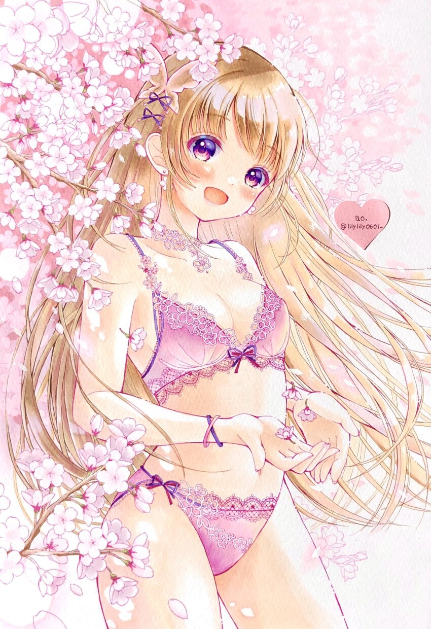 1girl, artist_name, bow, bow_bra, bra, bracelet, breasts, brown_hair, cherry_blossoms, choker, commentary_request, cowboy_shot, earrings, embroidered_panties, flower_earrings, heart, highres, jewelry, lace, lace-trimmed_bra, lace-trimmed_panties, lace_choker, lace_trim, lilylily0601, long_hair, looking_at_viewer, marker_(medium), medium_breasts, open_mouth, original, panties, petals, pink_bra, pink_eyes, pink_panties, pink_theme, smile, solo, standing, traditional_media, tree, twitter_username, underwear, underwear_only, wind