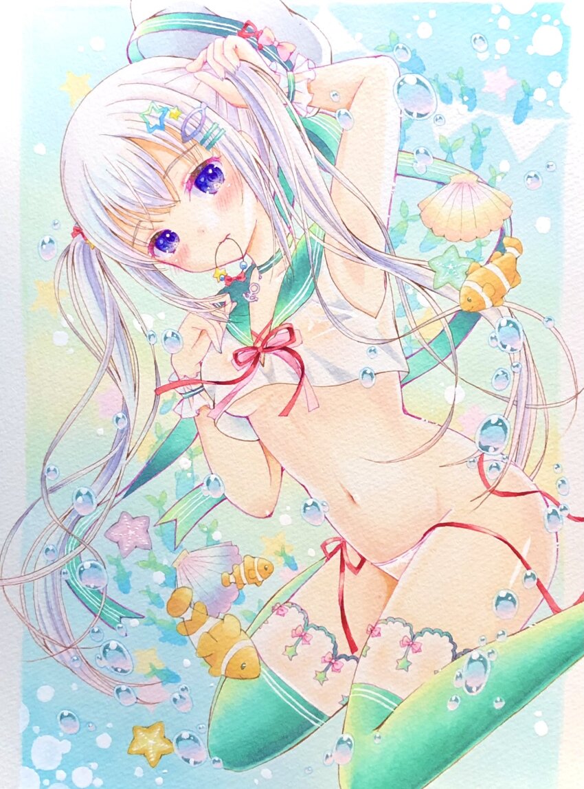 1girl, air_bubble, anchor_choker, bikini, blue_eyes, breasts, bubble, choker