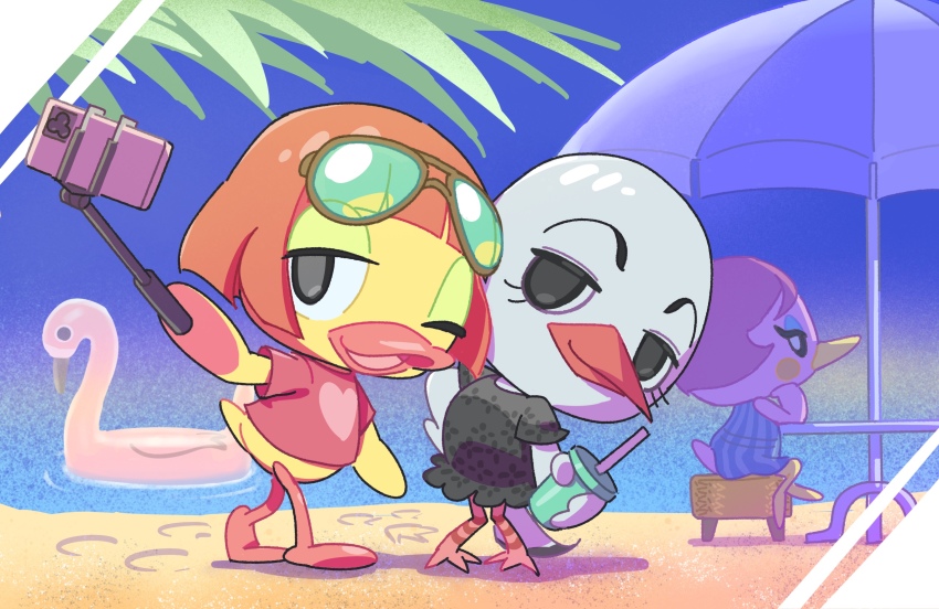 3girls, animal_crossing, arm_up, beach, beach_umbrella, bird_girl, black_dress, black_eyes, blue_dress, blue_sky, blunt_bangs, closed_mouth, commentary_request, cup, disposable_cup, dress, duck_girl, eyelashes, eyewear_on_head, flamingo_innertube, footprints, furry, furry_female, green-tinted_eyewear, heart, heart_print, highres, holding, holding_cup, inflatable_flamingo, innertube, kopa_nishikida, maelle_(animal_crossing), miranda_(animal_crossing), multiple_girls, nintendo, on_stool, one_eye_closed, open_mouth, orange_hair, palm_leaf, piper_(animal_crossing), red_shirt, sand, selfie, selfie_stick, shirt, short_hair, short_sleeves, sitting, sky, sleeveless, sleeveless_dress, smile, standing, stool, striped_clothes, striped_dress, sunglasses, swim_ring, t-shirt, table, tinted_eyewear, umbrella, vertical-striped_clothes, vertical-striped_dress, water