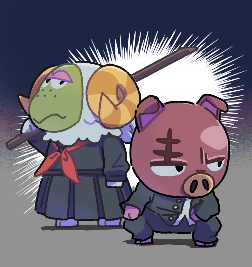 1boy, 1girl, animal_crossing, black_eyes, black_jacket, black_pants, black_shirt, black_skirt, blue_background, bokken, buttons, cashmere_(animal_crossing), closed_mouth, commentary_request, curled_horns, expressionless, furry, furry_female, furry_male, gakuran, grey_background, hand_up, highres, holding, holding_sword, holding_weapon, horns, jacket, jitome, kopa_nishikida, long_sleeves, looking_at_viewer, looking_to_the_side, neckerchief, nintendo, open_clothes, open_jacket, pants, pig_boy, pleated_skirt, rasher_(animal_crossing), red_neckerchief, scar, scar_on_face, school_uniform, sheep_girl, shirt, sideways_glance, simple_background, skirt, squatting, standing, sword, weapon, white_shirt, wooden_sword, yellow_horns