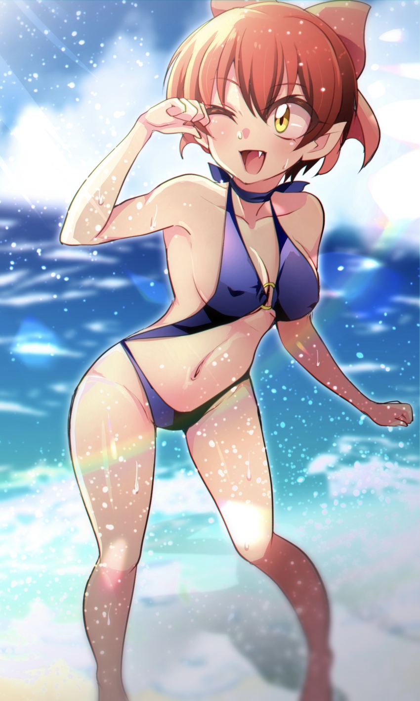 1girl, absurdres, barefoot, beach, blue_one-piece_swimsuit, blue_sky, blue_slingshot_swimsuit, blurry