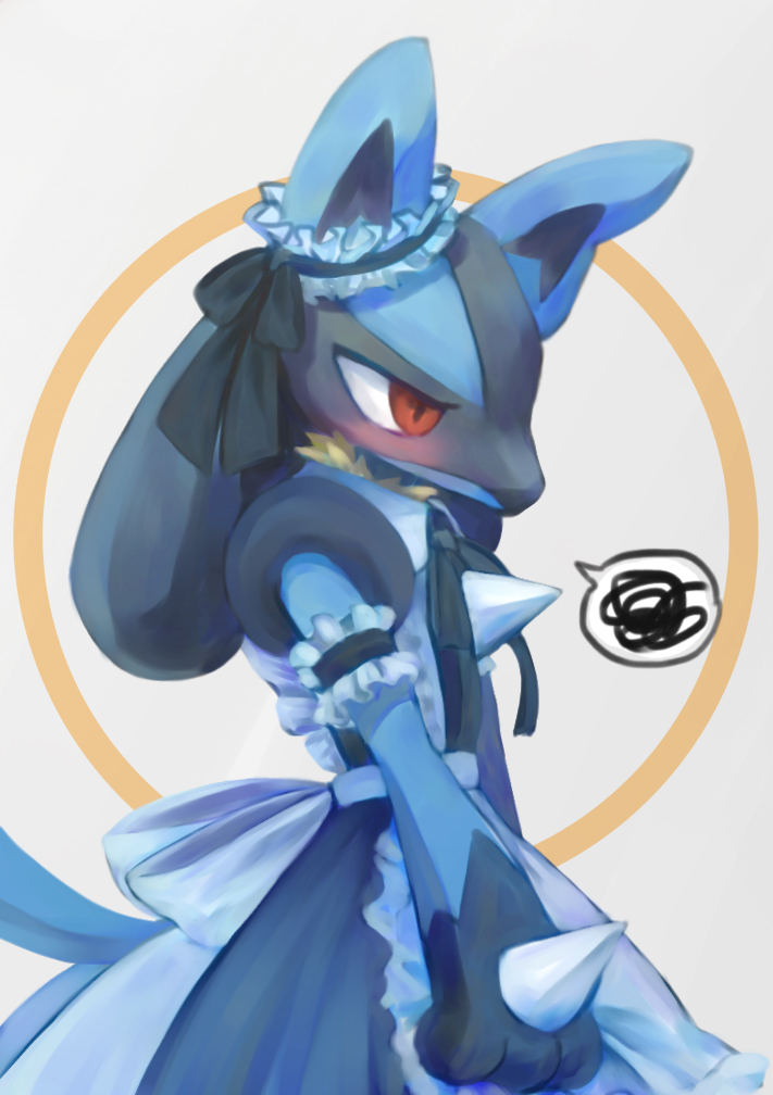1girl, animal_ears, animal_hands, apron, arm_garter, arms_at_sides, averting_eyes, back_bow, black_dress, black_fur, black_ribbon, blue_fur, blush, body_fur, bow, butter_(oshi8kyoumoh), clothed_pokemon, collared_dress, dress, ear_ornament, embarrassed, female_focus, frilled_apron, frills, furry, furry_female, gen_4_pokemon, grey_background, long_dress, lucario, maid, maid_apron, multicolored_fur, neck_ribbon, nintendo, pokemon, pokemon_(creature), red_eyes, ribbon, simple_background, snout, solo, speech_bubble, spikes, spoken_squiggle, squiggle, standing, tail, white_apron, wolf_ears, wolf_girl, wolf_tail, yellow_fur