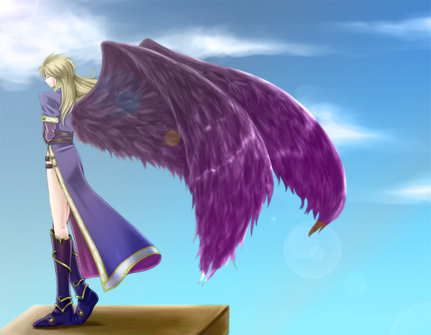 1girl, ajapa0621, angel_wings, black_wings, blonde_hair, boots, breath_of_fire, breath_of_fire_ii, dress, closed_eyes, knee_boots, legs, long_hair, long_legs, nina_(breath_of_fire_ii), side_slit, thighs, wings