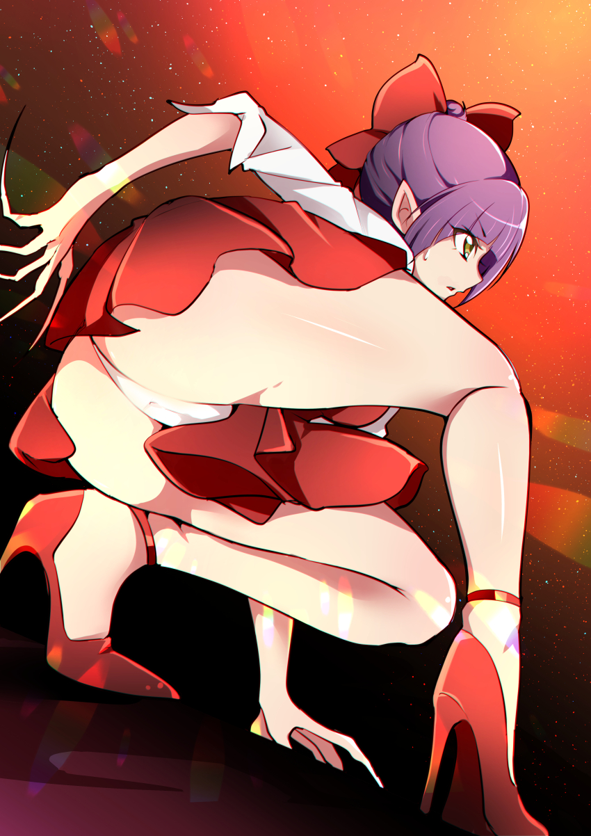1girl, absurdres, anklet, ass, bow, cameltoe, commentary, dress, fingernails, frown, gegege_no_kitarou, hair_bow, high_heels, highres, jewelry, long_sleeves, looking_to_the_side, mitsuki_tayura, nekomusume, nekomusume_(gegege_no_kitarou_6), open_mouth, panties, pantyshot, pinafore_dress, pointy_ears, purple_hair, red_bow, red_dress, red_footwear, sharp_fingernails, shirt, short_dress, short_hair, sleeveless, sleeveless_dress, solo, squatting, sweatdrop, underwear, upskirt, white_panties, white_shirt, yellow_eyes