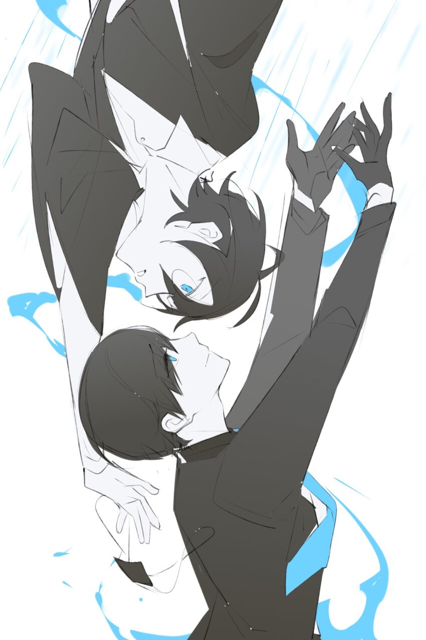 2boys, ahoge, blue_eyes, blue_necktie, collared_shirt, eyepatch, glasses, gloves