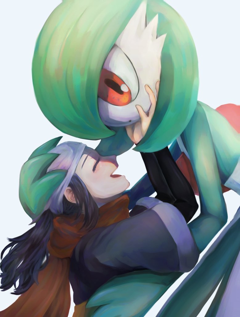 2girls, akari_(pokemon), alpha_pokemon, black_hair, blue_background, blue_kimono, blush, bob_cut