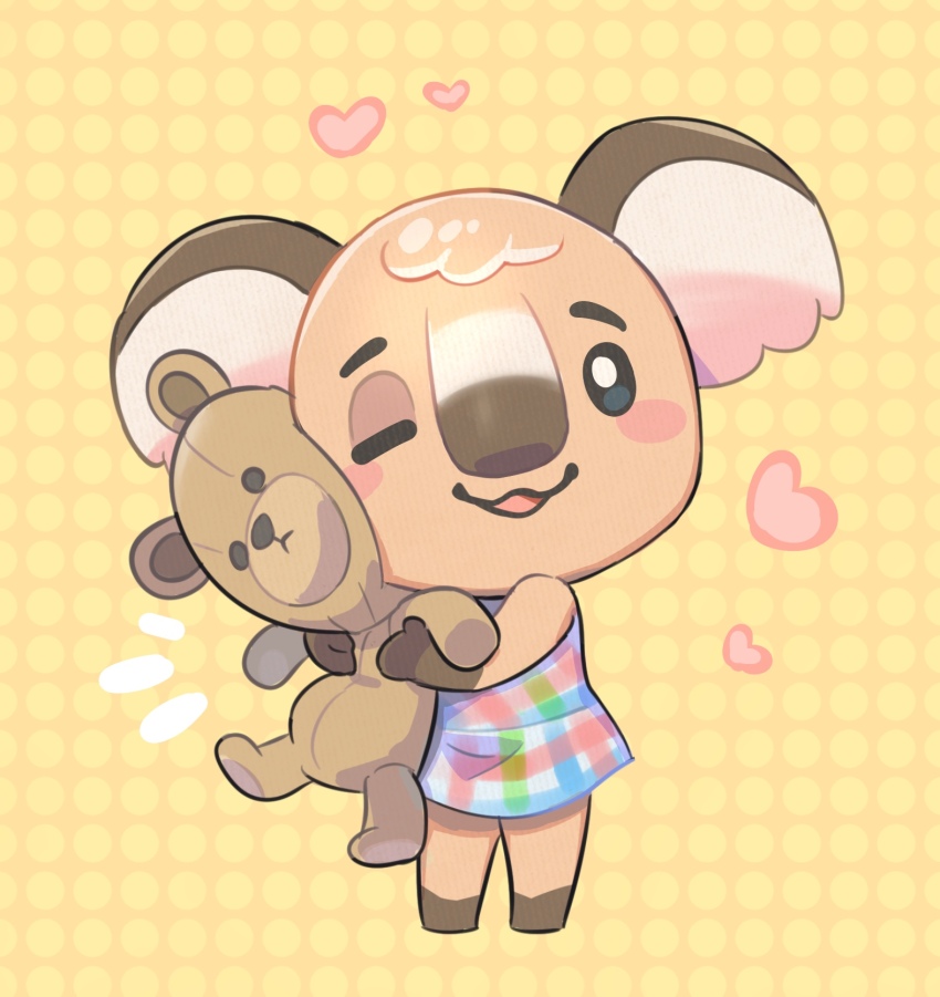 1girl, animal_crossing, black_eyes, blush, blush_stickers, bright_pupils, commentary_request, dress, furry, furry_female, heart, highres, holding, holding_stuffed_toy, hugging_object, kopa_nishikida, looking_at_viewer, melba_(animal_crossing), nintendo, notice_lines, one_eye_closed, open_mouth, plaid_clothes, plaid_dress, simple_background, sleeveless, sleeveless_dress, smile, solo, stuffed_animal, stuffed_toy, teddy_bear, white_pupils, yellow_background