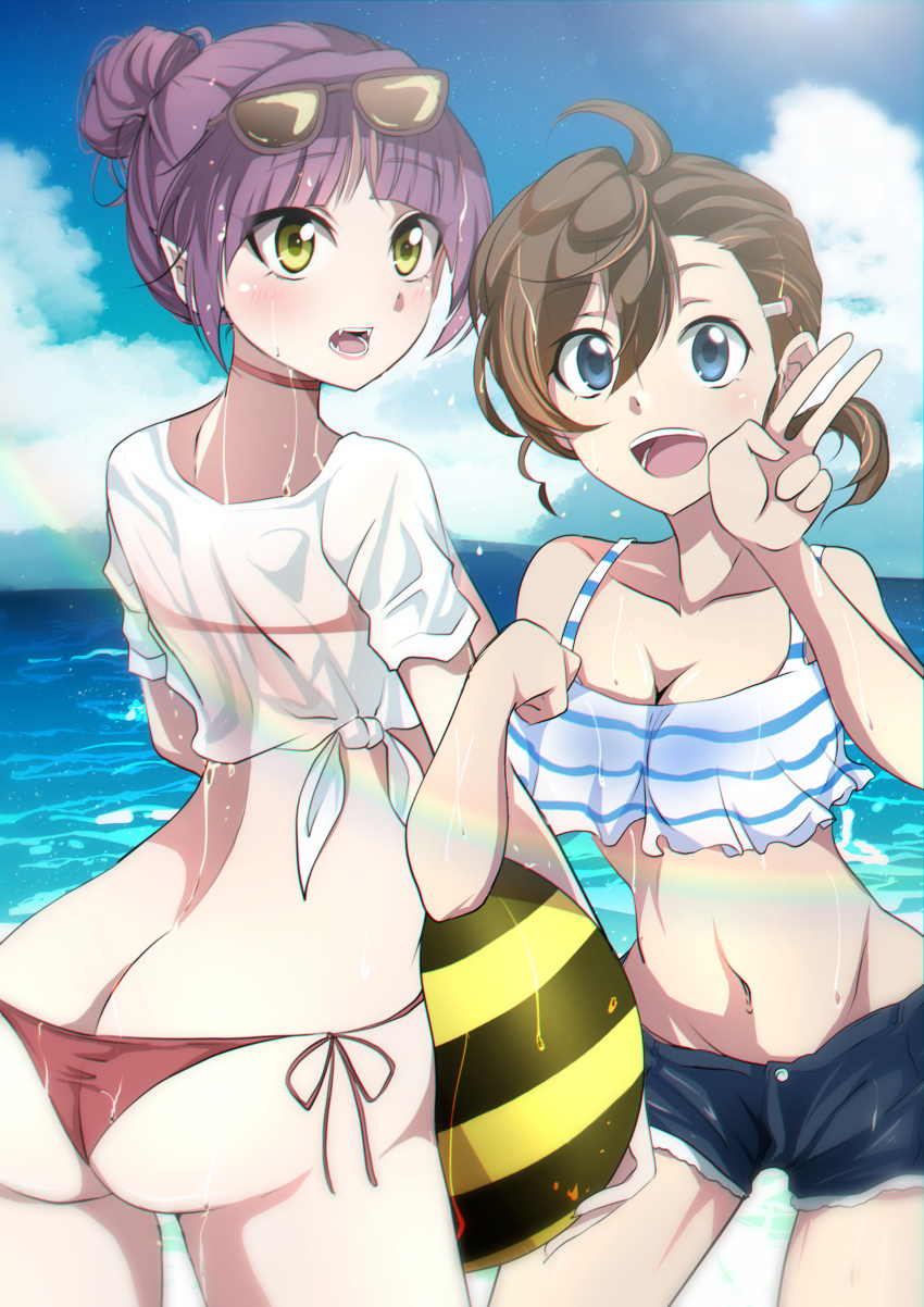 2girls, absurdres, arm_grab, ass, back, ball, beachball, bikini