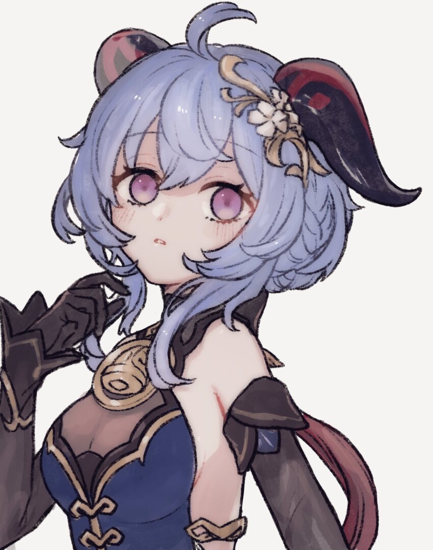 1girl, ahoge, bare_shoulders, bell, black_gloves, black_sleeves, blue_dress, blue_hair