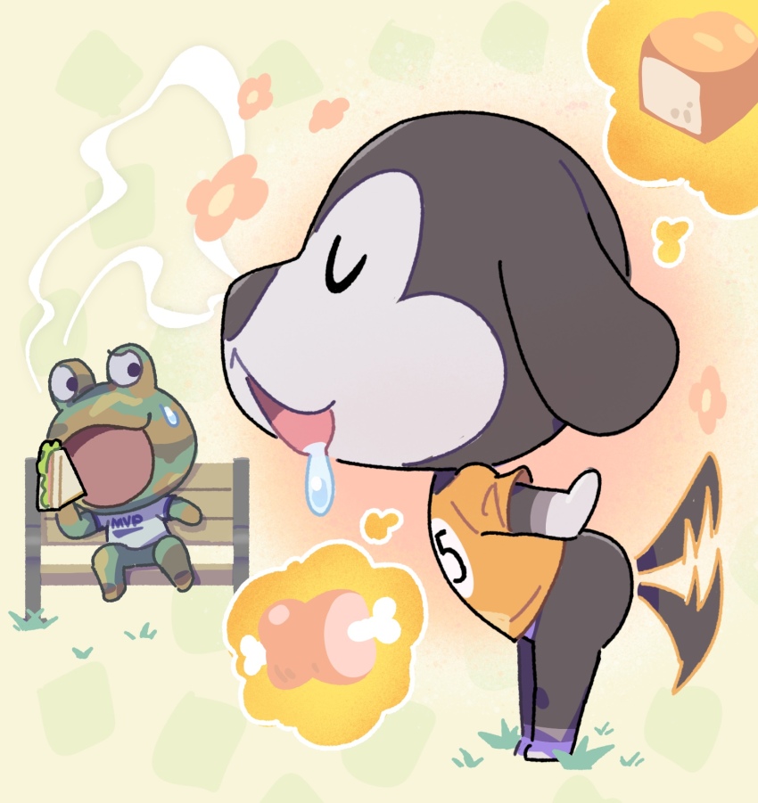 2boys, :d, afterimage, animal_crossing, bench, boned_meat, bread, camofrog_(animal_crossing), closed_eyes, clothes_writing, commentary_request, dog_boy, drooling, food, frog_boy, furry, furry_male, grass, highres, imagining, kopa_nishikida, looking_at_another, male_focus, meat, motion_blur, multiple_boys, nintendo, on_bench, open_mouth, orange_shirt, profile, sandwich, shirt, short_sleeves, simple_background, sitting, smelling, smile, speech_bubble, standing, sweatdrop, t-shirt, tail, tail_wagging, thought_bubble, u_u, walker_(animal_crossing), white_shirt, wide-eyed, yellow_background