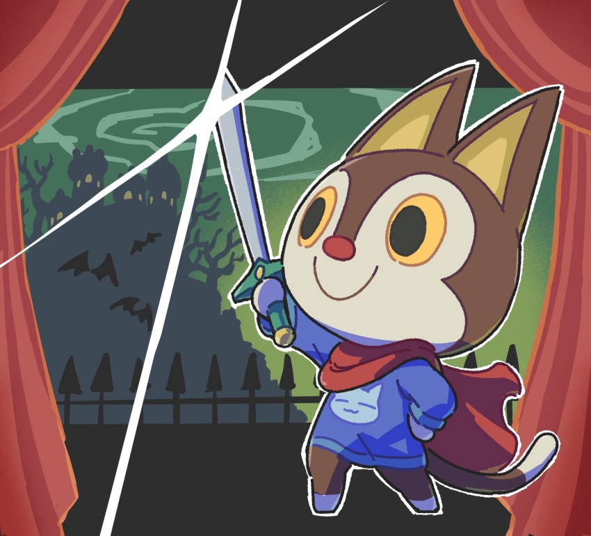 1boy, animal_crossing, animal_print, arm_up, bare_tree, bat_(animal), blue_shirt, cape
